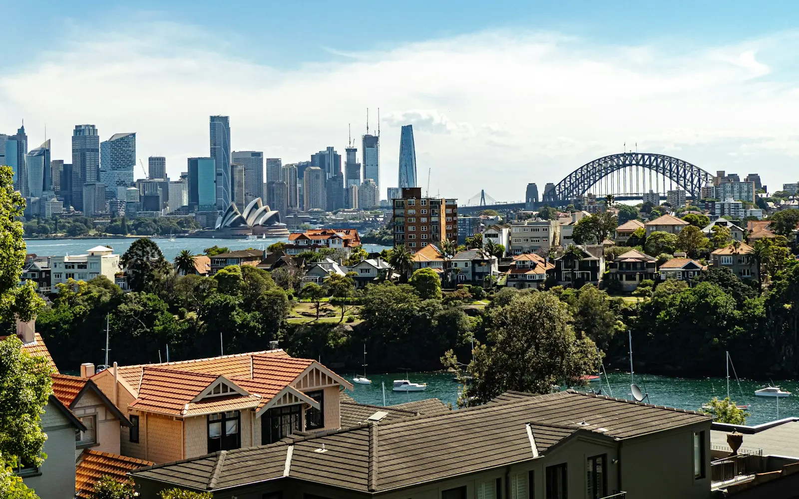 Sydney skyline and Harbour Bridge viewed across the harbour on a sunny day