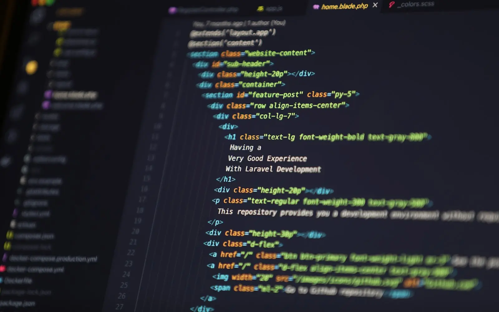 Front-end template code open in an editor on a monitor