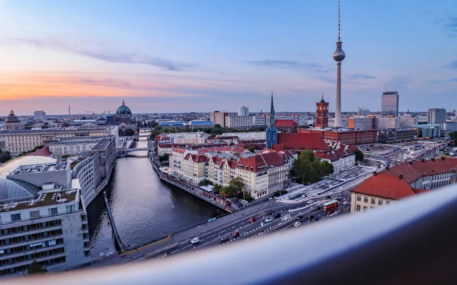 Berlin skyline with the TV Tower above the Spree at blue hour