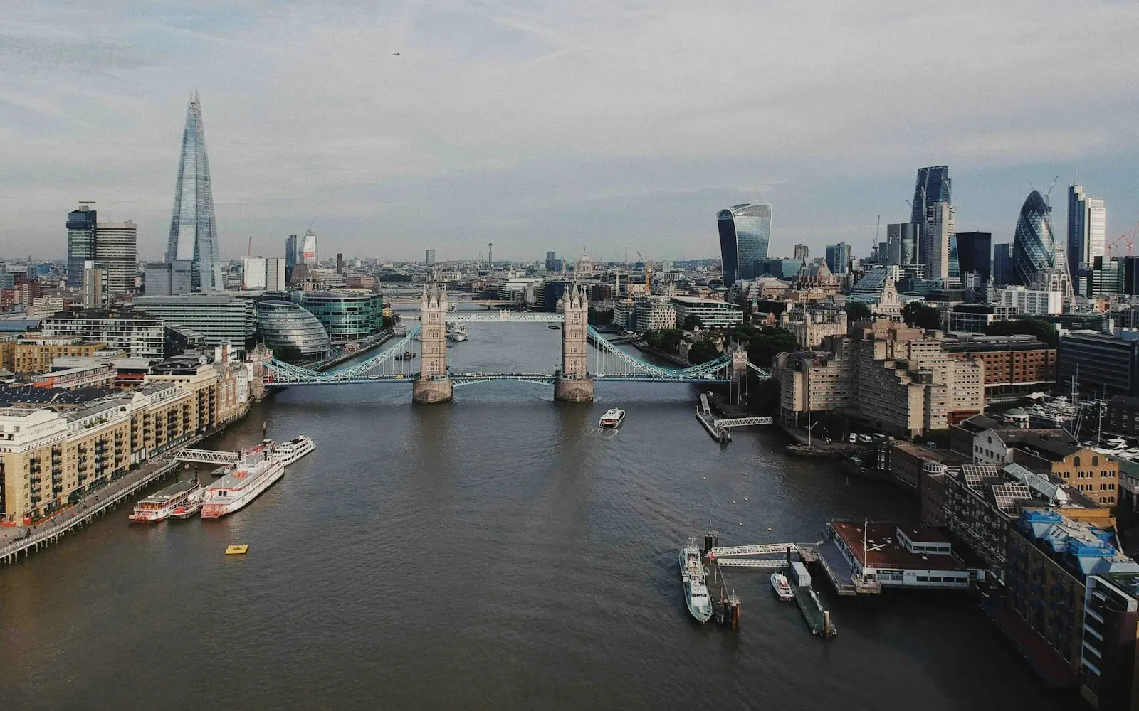 London skyline with Tower Bridge, the Shard and the City over the Thames