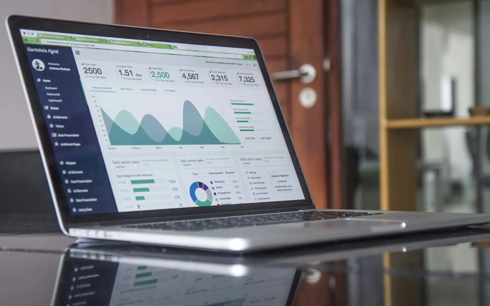 Laptop on a glass table showing a web application analytics dashboard